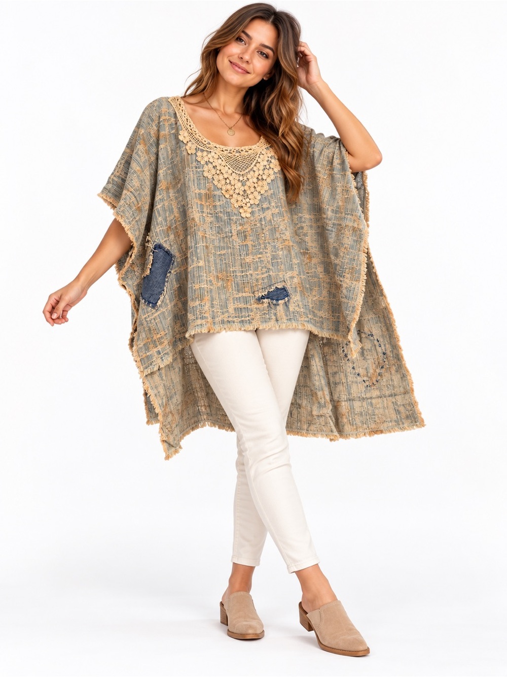 Jaded Gypsy Walk On By Poncho High Low Lace Patchwork Boho One Size
